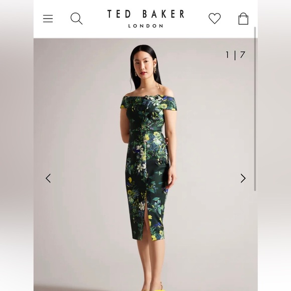 TED BAKER LONDON ~ Devina ~ Green Floral Bardot Midi Strapless Bodycon Dress ~ - Picture 2 of 5